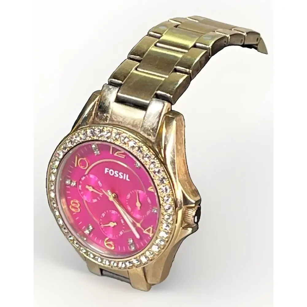 FOSSIL Women’s Gold Tone Crystal Bezel Pink Dial Watch ES3071